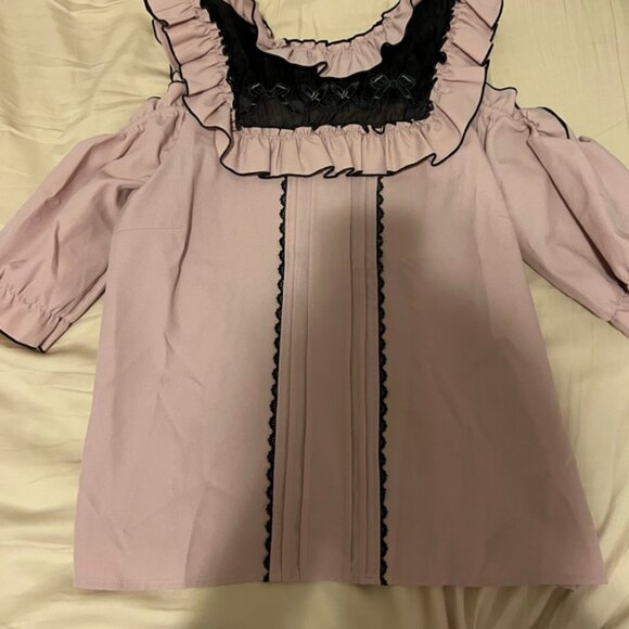 Dear My Love Cold Shoulder Puff Sleeve Sheer Front Bow Ruffle Blouse - Picture 3 of 3